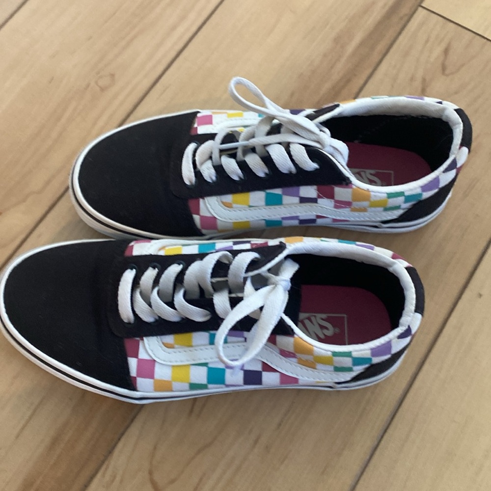 VANS Old Skool Rainbow Checkerboard Shoes Missy Size 4 Canvas - Picture 2 of 5